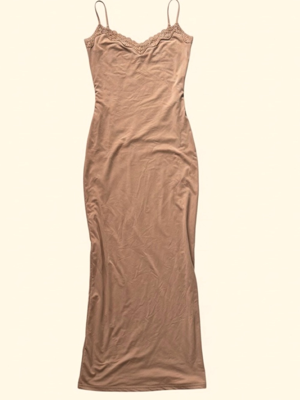 SKIMS Lace-Trim Slip Maxi Dress Tan Brown